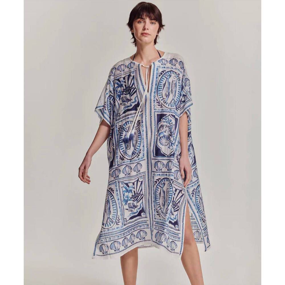 NEW ECHO montauk tile caftan dress in ultramarine